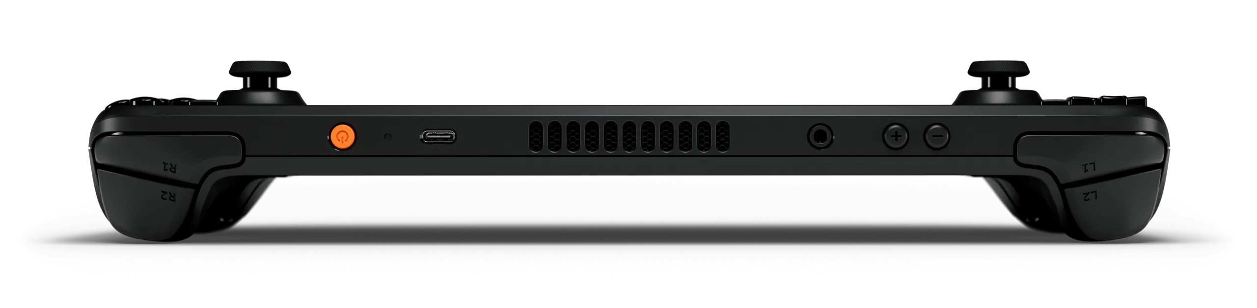 Фотографія верхньої грані портативної ігрової консолі Valve Steam Deck OLED. Детальний вигляд елементів керування та роз'ємів: фірмова помаранчева кнопка живлення, порт USB-C, масивна вентиляційна решітка, аудіороз'єм 3.5 мм, кнопки гучності та ергономічні тригери.