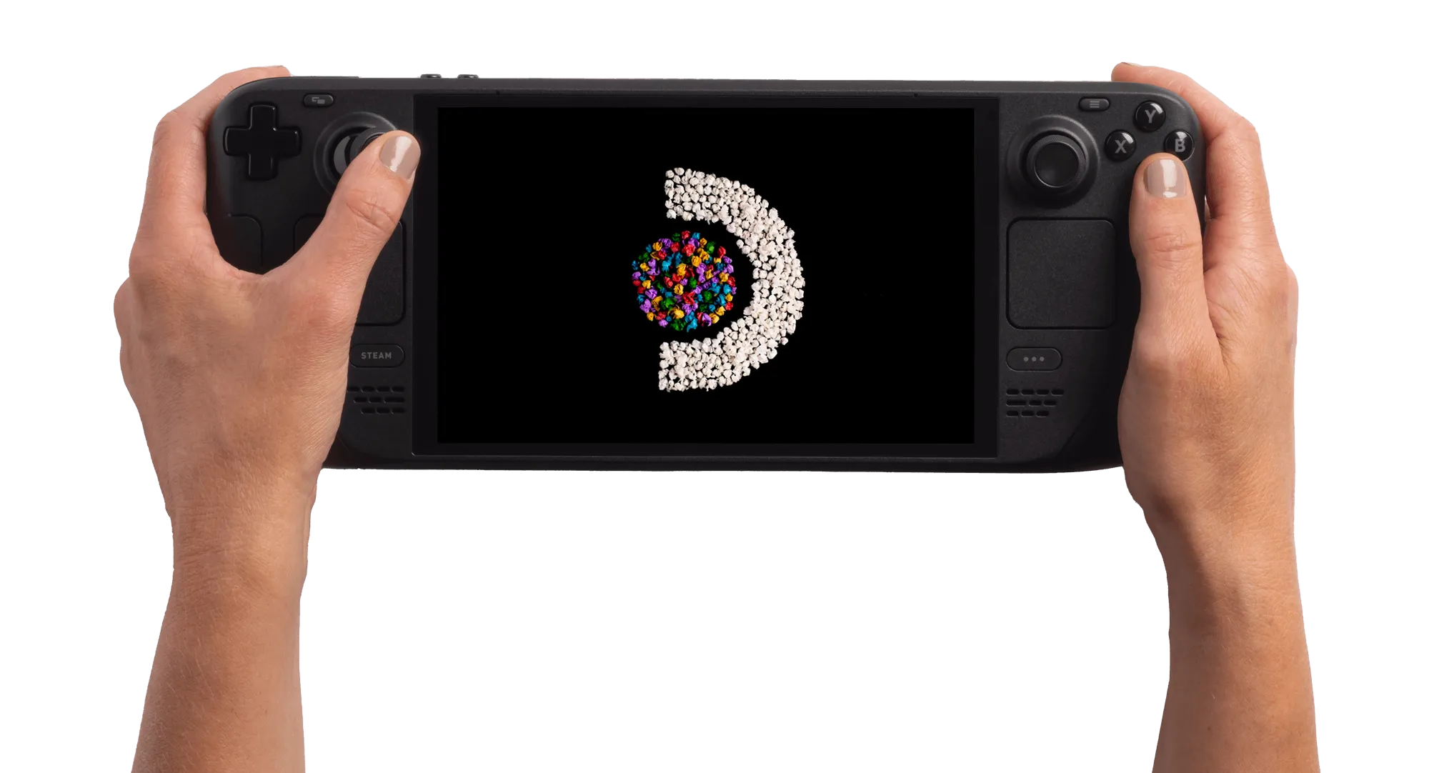 Руки гравця тримають портативну ігрову консоль Valve Steam Deck OLED. Ілюстрація покращеної взаємодії з пристроєм: оновленого сенсорного екрана з високою чутливістю, точного вібровідклику та елементів керування