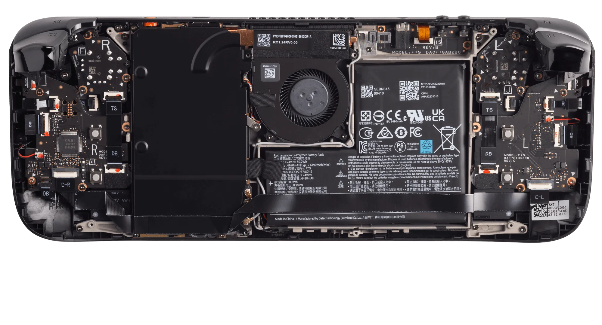 Фотографія Valve Steam Deck OLED зі знятою задньою кришкою. Демонстрація внутрішніх компонентів пристрою та покращеної ремонтопридатності, яка досягається завдяки використанню надійних гвинтів Torx™ та металевих елементів з різьбою