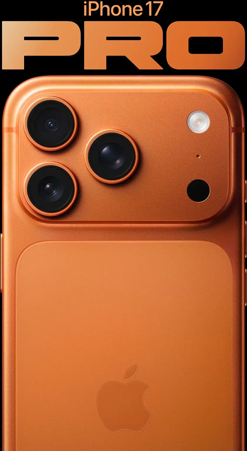 Задня панель смартфона Apple iPhone 17 Pro у новому ексклюзивному кольорі Cosmic Orange. Демонстрація революційного масивного блоку з трьома камерами, спалахом та сканером LiDAR