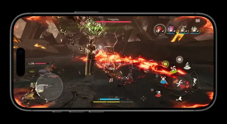 Смартфон Apple iPhone 17 Pro на екрані якого запущена сучасна мобільна гра зі складною 3D-графікою та динамічними спецефектами. Демонстрація стабільної продуктивності та високої частоти кадрів у грі завдяки новітньому чипу A19 Pro та передовій системі охолодження з паровою камерою.