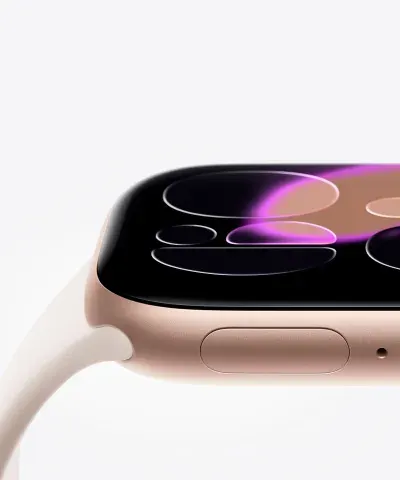 Бічна грань Apple Watch зі світлим корпусом, коліщатком Digital Crown та кнопкою керування