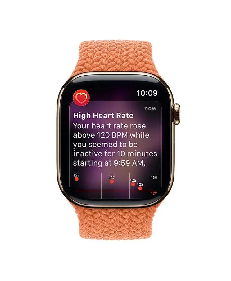 Екран Apple Watch із попередженням про високий пульс (High Heart Rate) та детальним графіком вимірювань