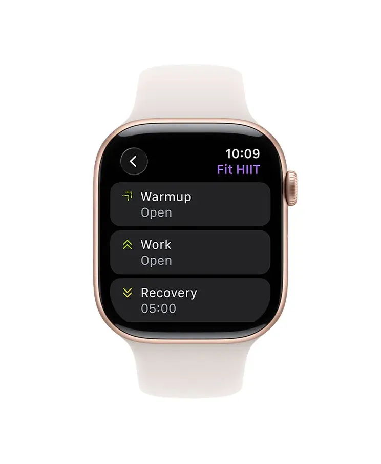 Екран Apple Watch із налаштуваннями інтервального тренування HIIT (розминка, робота, відновлення)