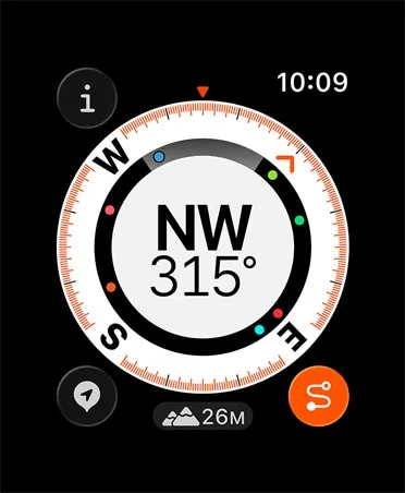 Цифровий компас на екрані Apple Watch із зазначенням напрямку, поточної висоти та кнопкою зворотного маршруту