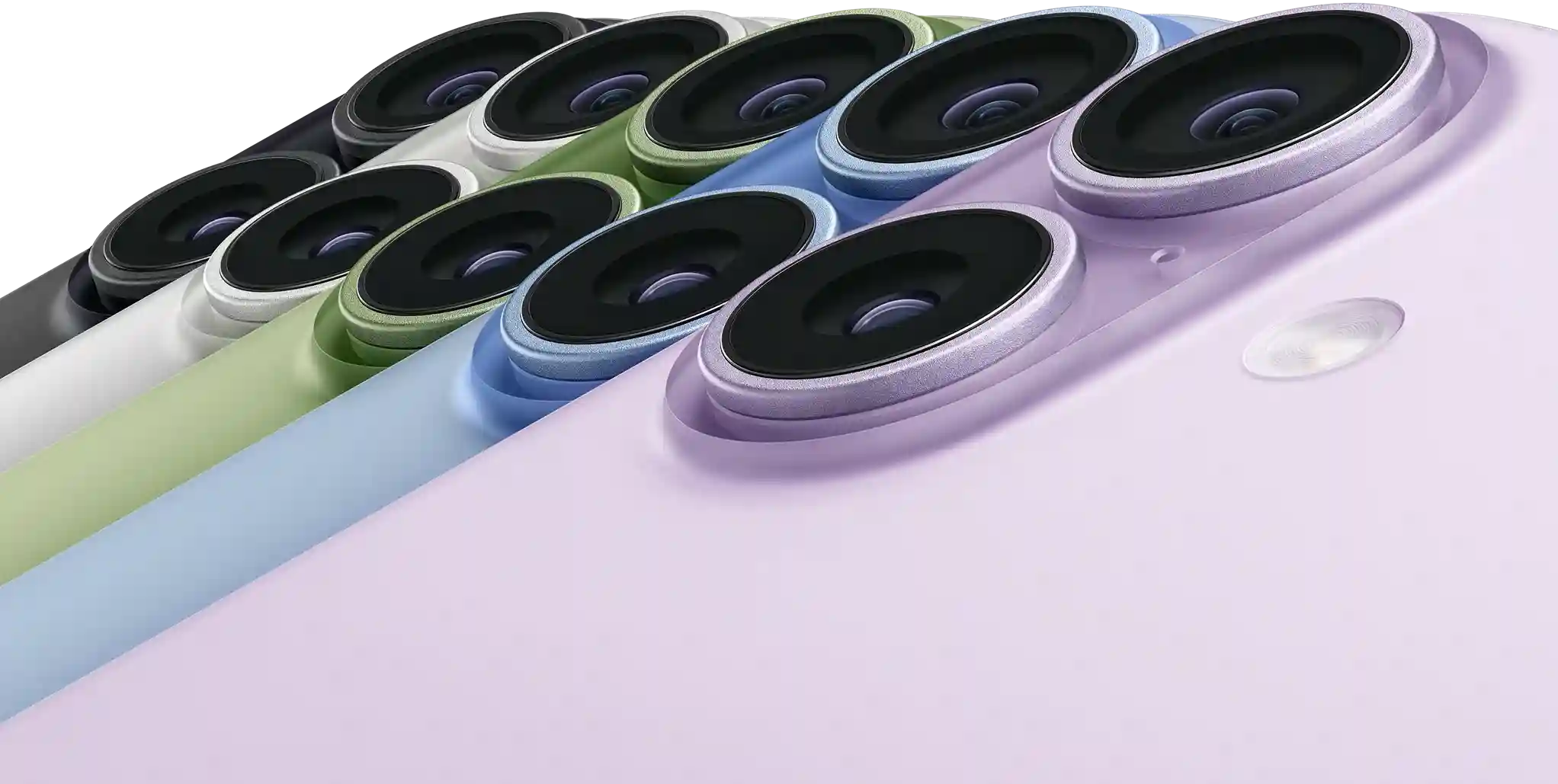 Демонстрація повної палітри нових кольорів: White, Mist Blue, Sage, Lavender та Black. Детальний акцент на оновленому подвійному вертикальному блоці камер