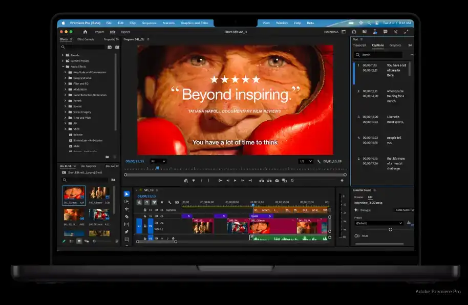 Apple MacBook Pro 14 M5 з відкритим інтерфейсом програми Adobe Premiere Pro. На яскравому дисплеї продемонстровано процес професійного відеомонтажу документального фільму з багатошаровим таймлайном та інструментами кольорокорекції