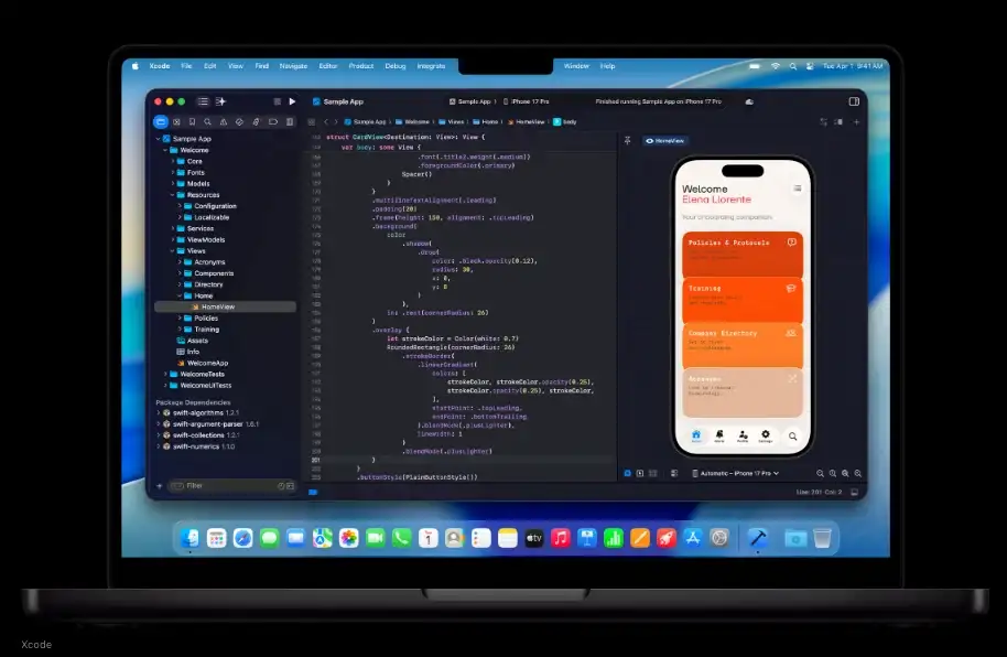 Apple MacBook Pro 14 M5 з відкритим середовищем розробки Xcode. На яскравому дисплеї відображається вікно з написаним кодом та активний симулятор iPhone, що демонструє високу швидкість компіляції та тестування мобільних додатків