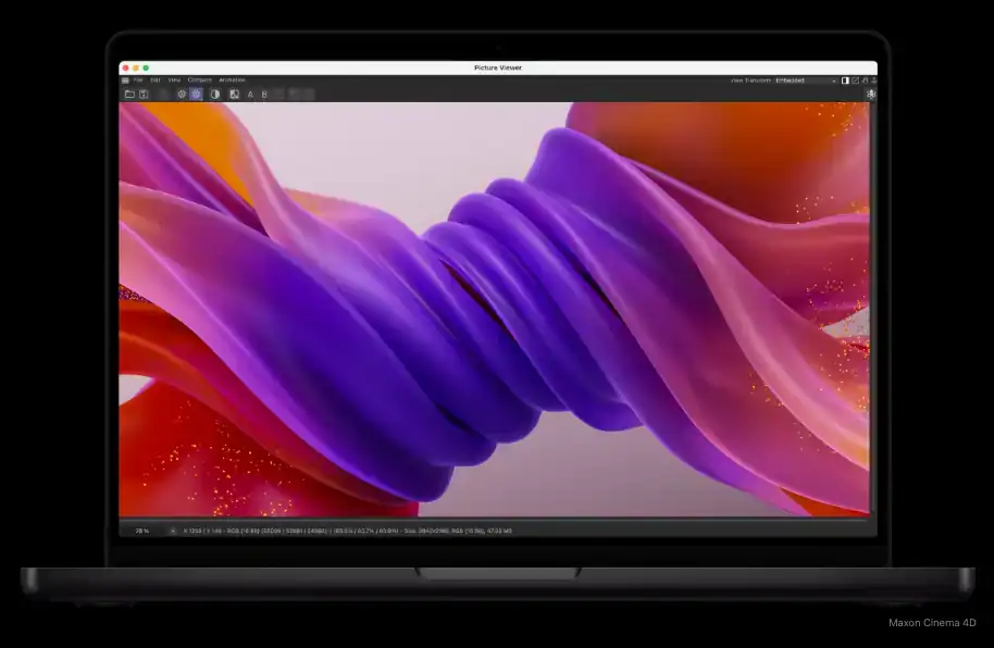 Інтерфейс програми Maxon Cinema 4D із яскравою 3D-моделлю на дисплеї MacBook Pro 14 M5