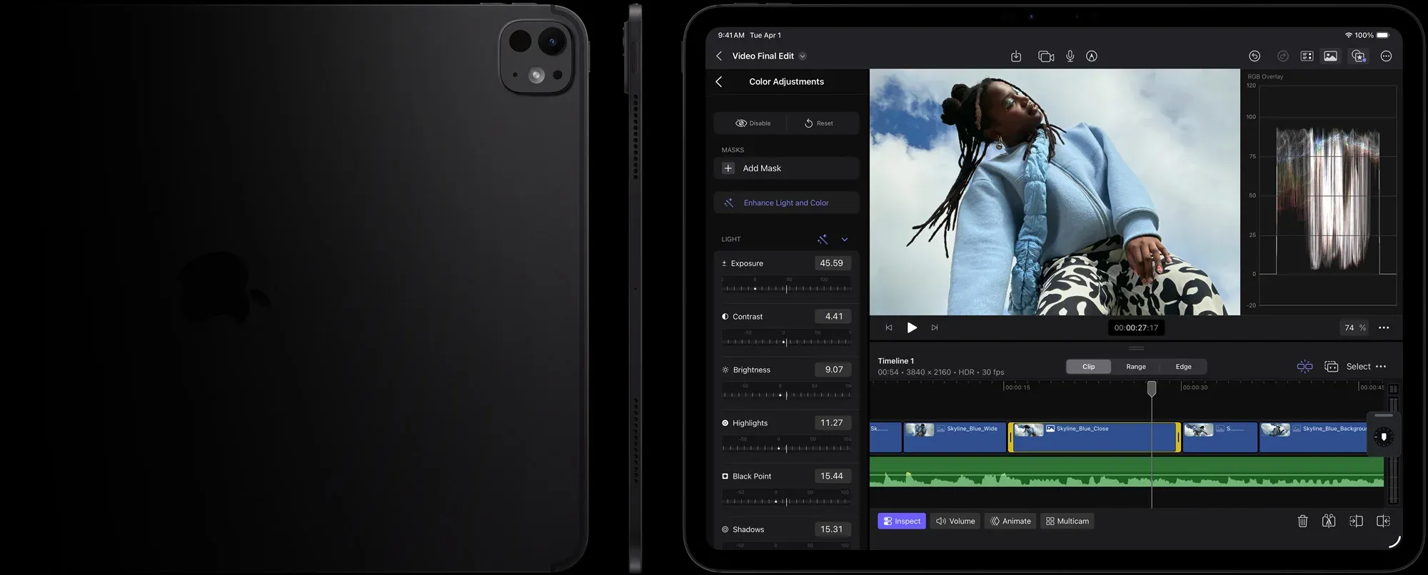 Комплексна візуалізація Apple iPad Pro M5: задня панель з логотипом Apple та блоком камер, вигляд пристрою збоку, що підкреслює мінімальну товщину, та фронтальний вигляд екрана з інтерфейсом професійного редактора під час кольорокорекції 4K-відео