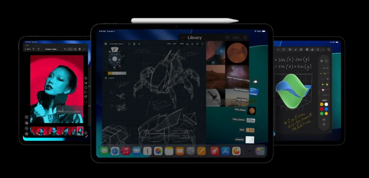 Демонстрація різноманітних професійних додатків для графіки, інженерії та розрахунків на екранах iPad Pro M5