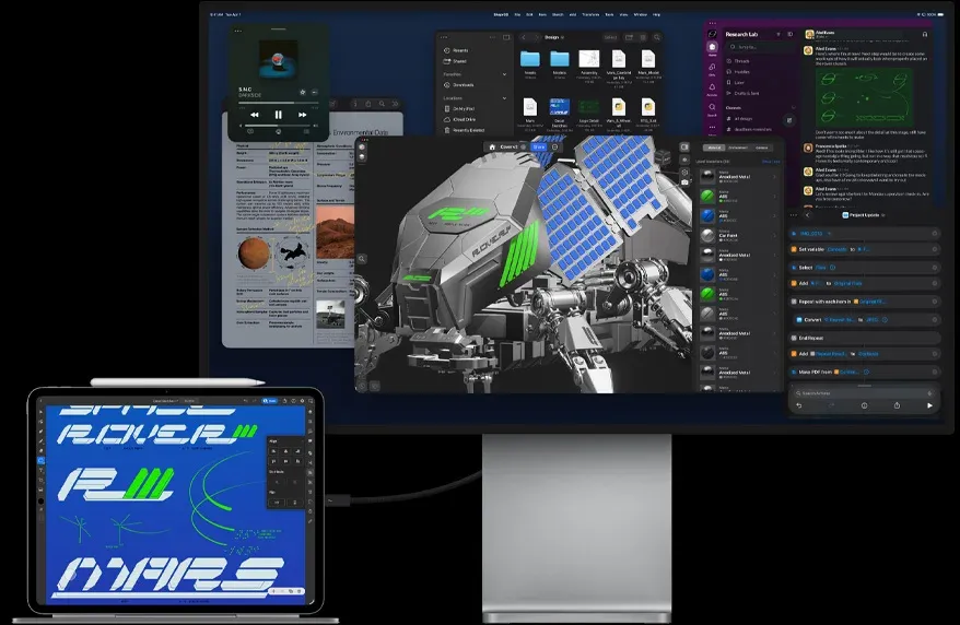 Демонстрація різноманітних професійних додатків для графіки, інженерії та розрахунків на екранах iPad Pro M5