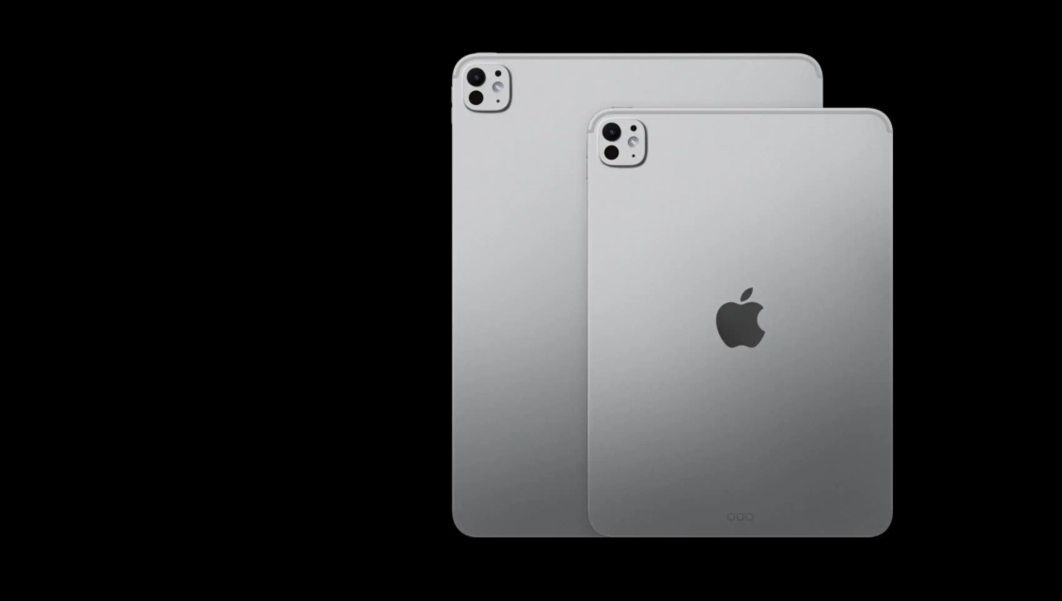 Задні панелі двох планшетів Apple iPad Pro M5 у темному кольорі Silver. Візуальне порівняння габаритів 13-дюймової та 11-дюймової моделей на чорному тлі. На корпусі деталізовано блок камери з LiDAR та фірмовий логотип Apple