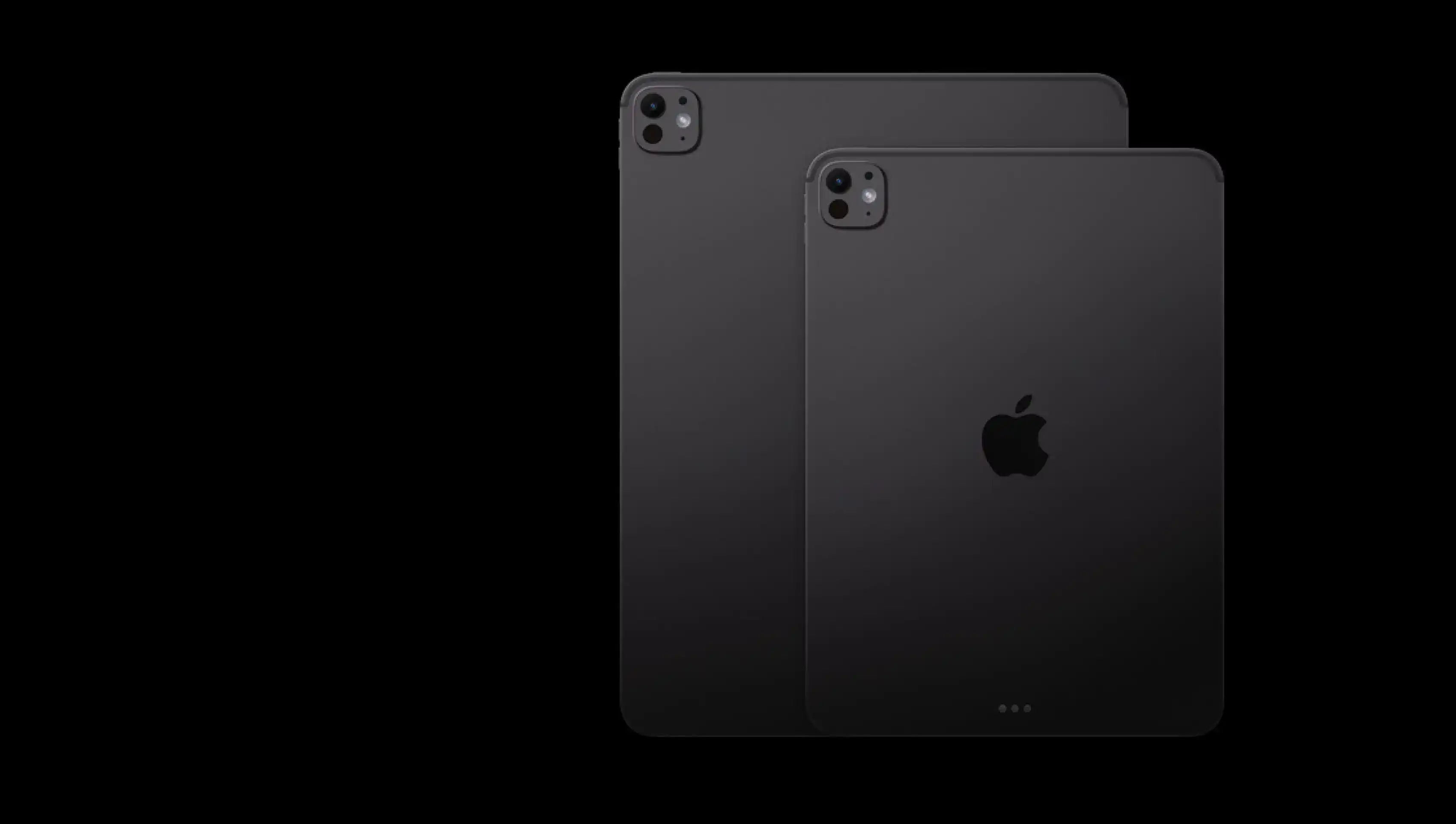 Задні панелі двох планшетів Apple iPad Pro M5 у темному кольорі Space Black. Візуальне порівняння габаритів 13-дюймової та 11-дюймової моделей на чорному тлі. На корпусі деталізовано блок камери з LiDAR та фірмовий логотип Apple