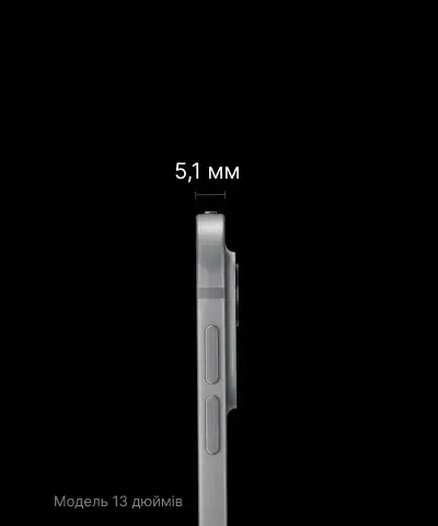Профіль ультратонкого корпусу планшета Apple iPad Pro 13 дюймів на базі чипа M5. Макрознімок бічної грані з кнопками регулювання гучності та графічною вказівкою рекордної товщини пристрою — всього 5,1 мм (для 13-дюймової моделі)
