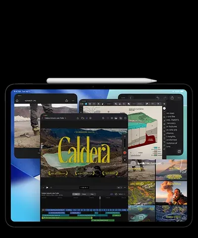 Планшет Apple iPad Pro M5 з примагніченим стилусом Apple Pencil на верхній грані. На яскравому екрані продемонстровано режим багатозадачності Stage Manager з одночасно відкритими вікнами професійних програм для відеомонтажу, графічного дизайну та перегляду файлів