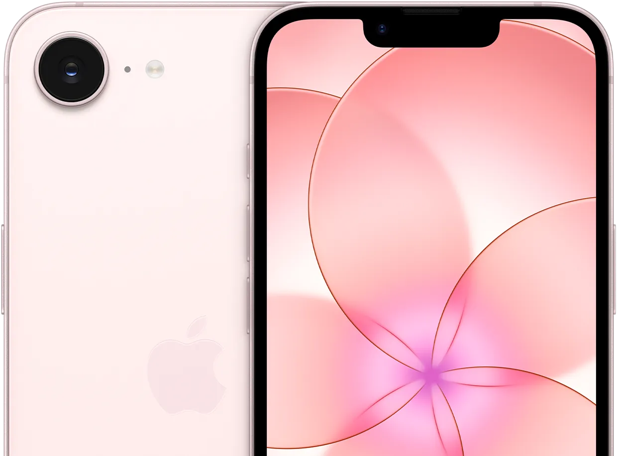 iPhone 17e, передня частина, ніжно-рожевий колір, частковий вигляд задньої частини iPhone 17e з камерою