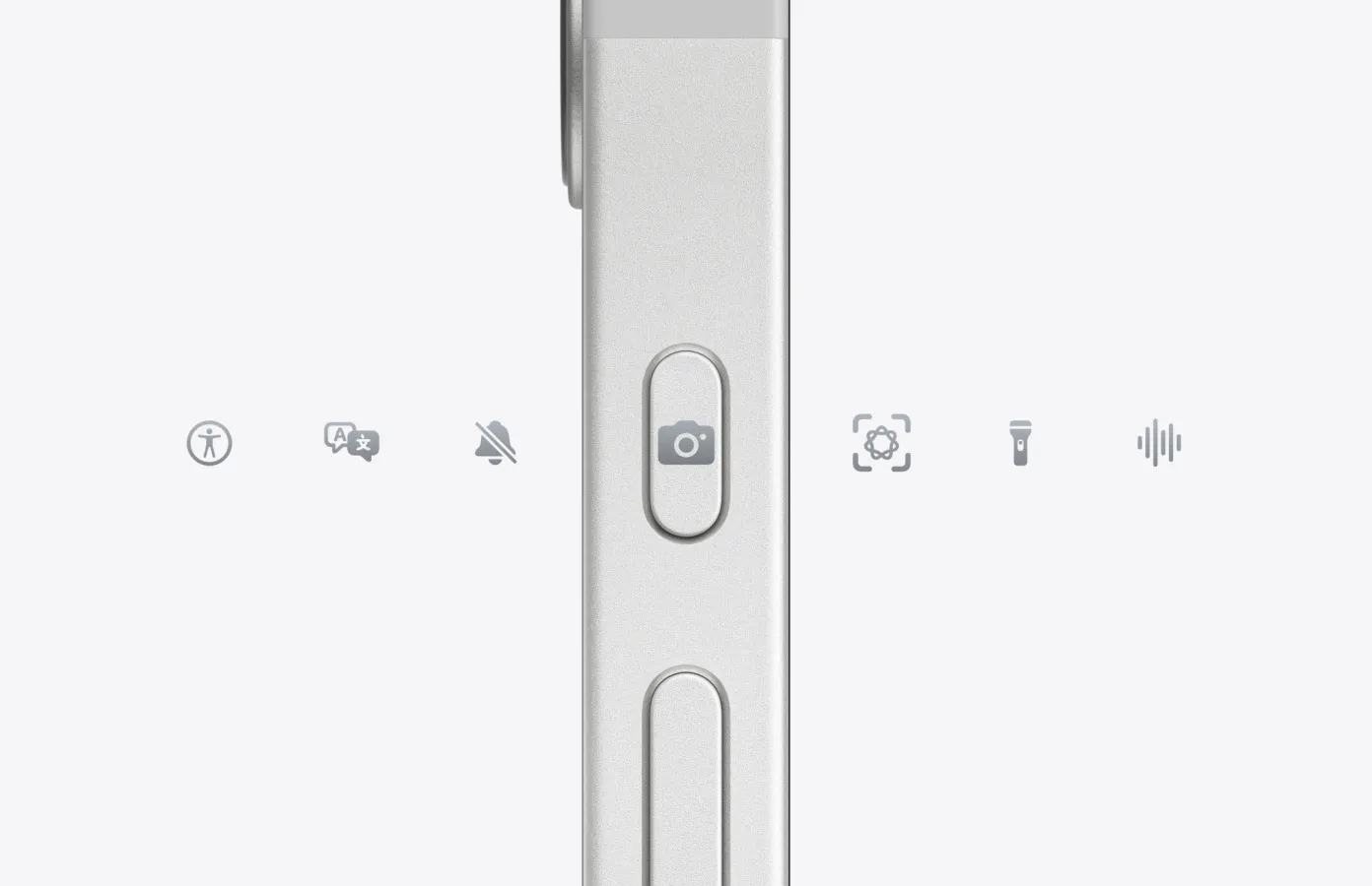 iPhone 17e, зовнішня сторона збоку, білий колір, кнопка дії, що відображає функції камери, Apple Intelligence та ліхтарика