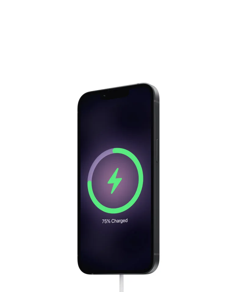 iPhone 17e, задня зовнішня частина, чорний колір, зарядний пристрій MagSafe підключено