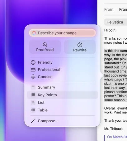 Інструменти письма використовуються, виділення великого абзацу тексту в електронному листі, меню «Інструменти письма» показує вибраний параметр «Ключові моменти» з іконкою маркованого списку.