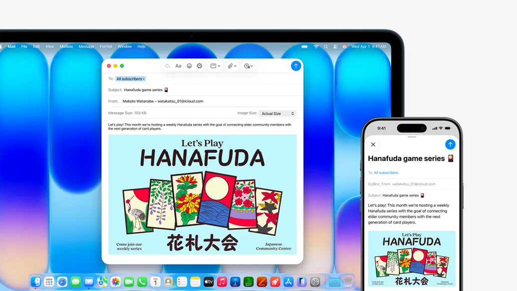 MacBook Neo, кольору індиго, поруч із iPhone, на обох екранах відображається один і той самий електронний лист, що анонсує подію в громадському центрі