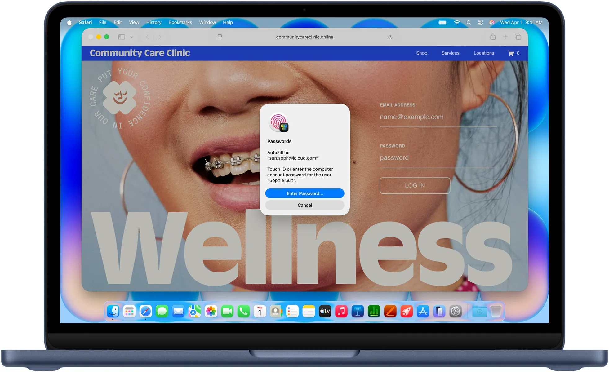 MacBook Neo, колір індиго, Safari пропонує користувачеві увійти за допомогою Touch ID або пароля на веб-сайт під назвою Community Care Clinic