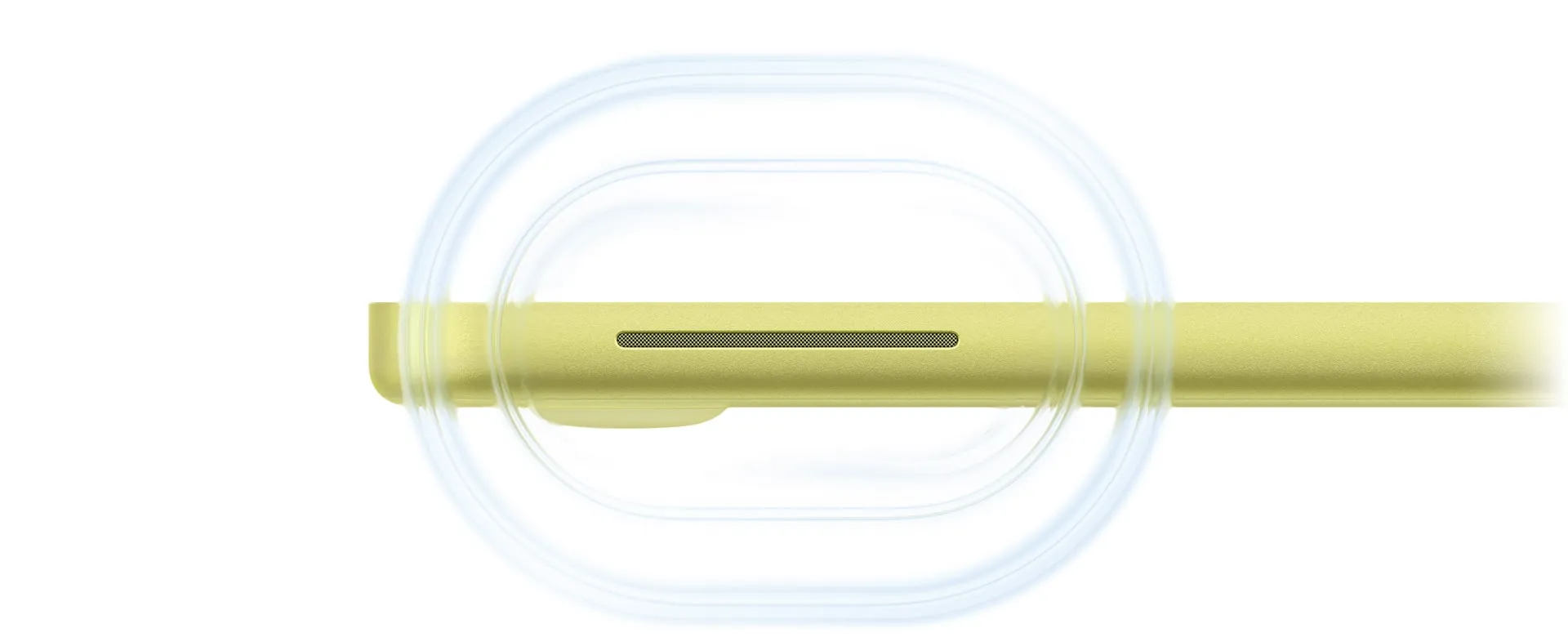 MacBook Neo, цитрусового кольору, відкритий, звукові хвилі брижами поширюються від динаміка на правій стороні комп'ютера вперед