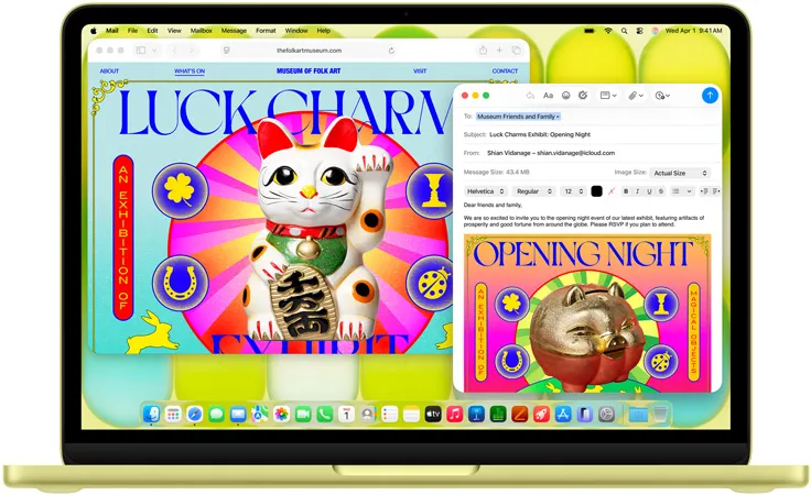 MacBook Neo, цитрусового кольору, користувач пише електронного листа з запрошенням на художню виставку, вебсайт заходу відкритий поруч.
