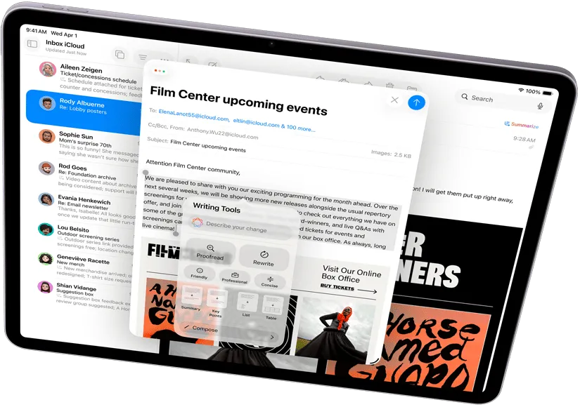 Альбомний вигляд iPad Air із демонстрацією Apple Intelligence, інструментами для письма та поштою