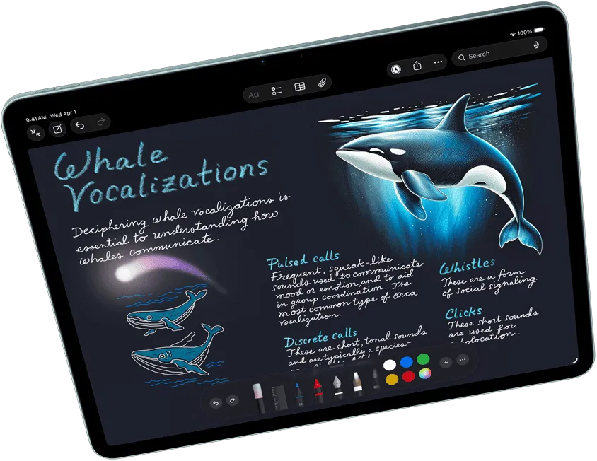 Альбомний вигляд iPad Air, на якому демонструються Apple Intelligence з Image Playground, Keynote та Apple Pencil Pro