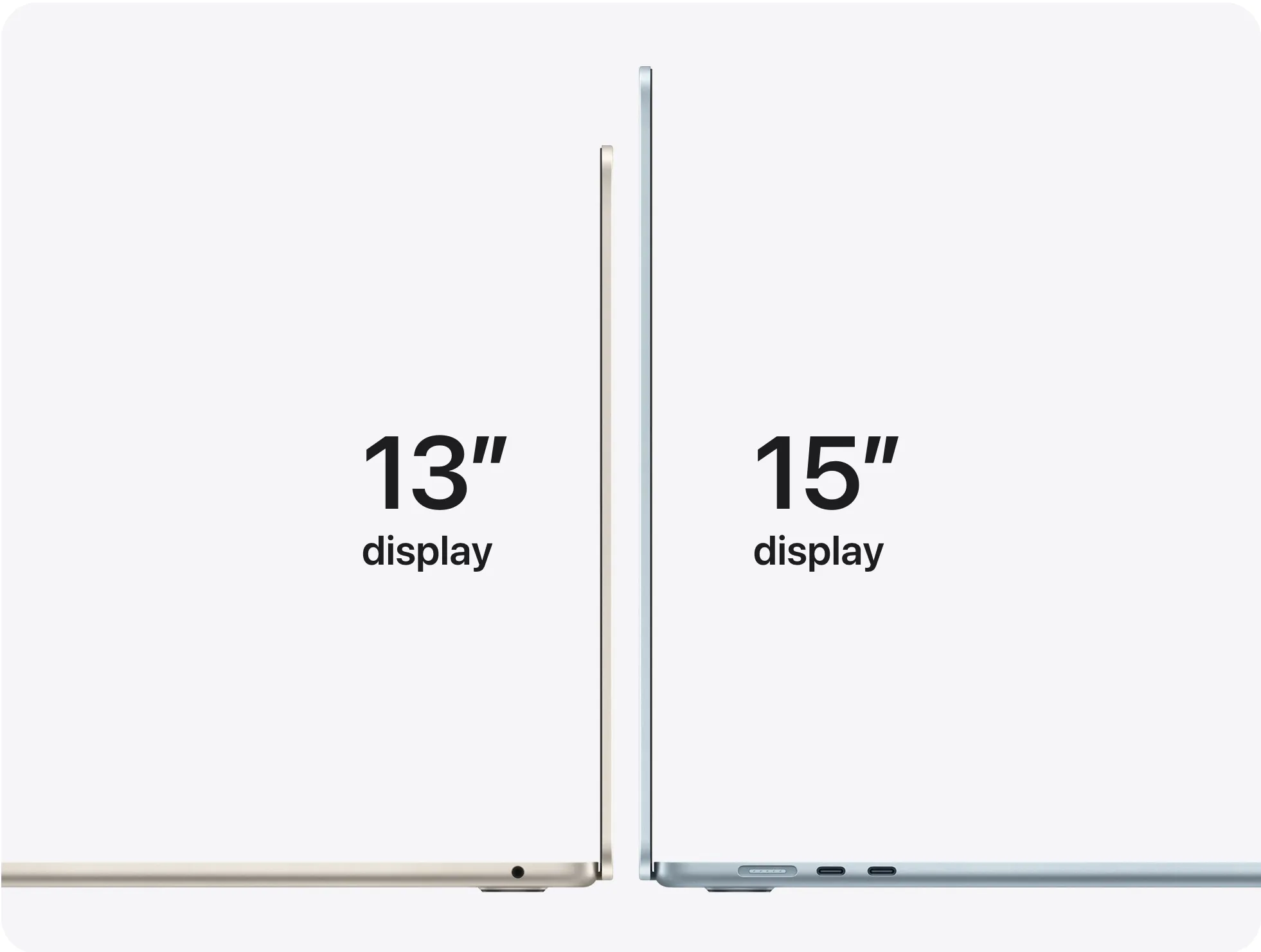 13-дюймові та 15-дюймові ноутбуки MacBook Air, розташовані один до одного, демонструючи різницю в розмірах