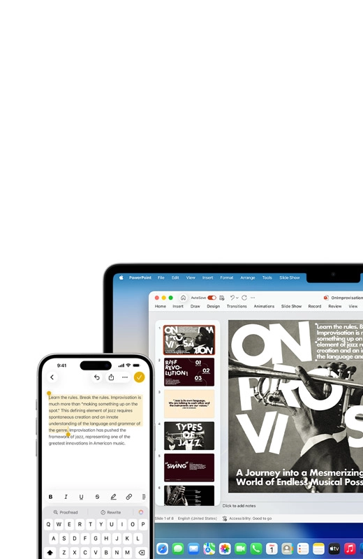 iPhone 16 Plus з виділеним текстом у програмі «Нотатки», Macbook Air з відкритим слайдом PowerPoint, текст із програми «Нотатки» видно на слайді