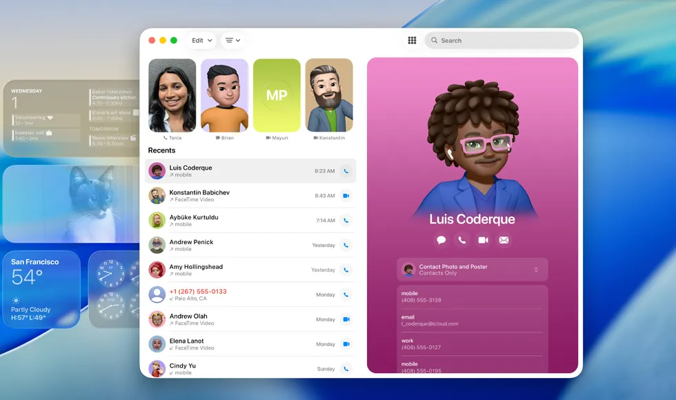 Екран блокування з відкритим додатком FaceTime, список останніх дзвінків поруч із карткою контакту з Genmoji та іменем особи