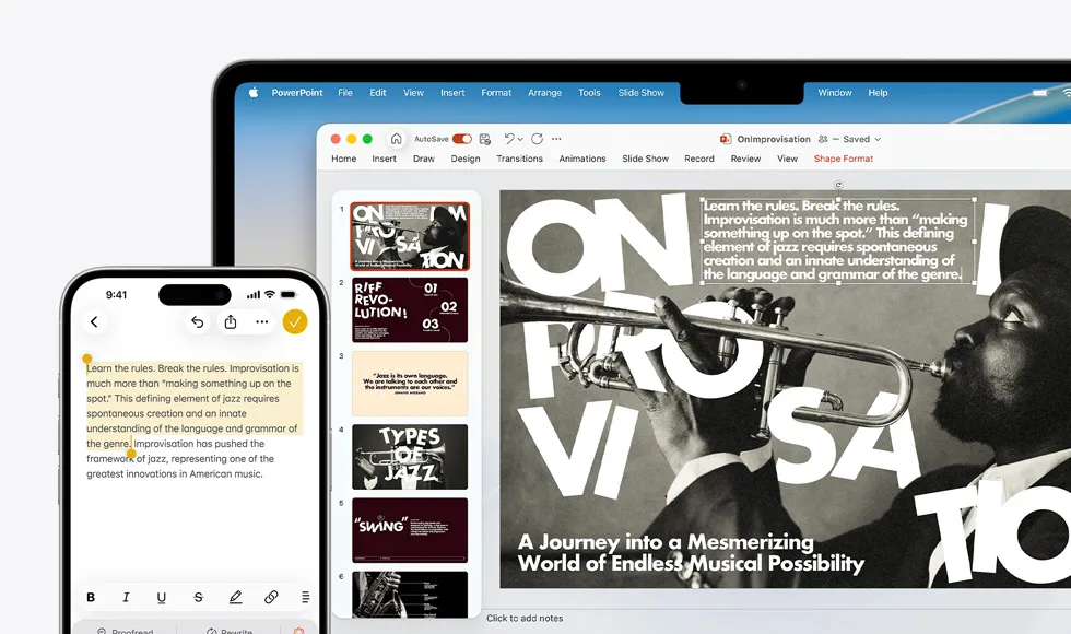 iPhone 16 Plus з виділеним текстом у програмі «Нотатки», Macbook Air з відкритим слайдом PowerPoint, текст із програми «Нотатки» видно на слайді