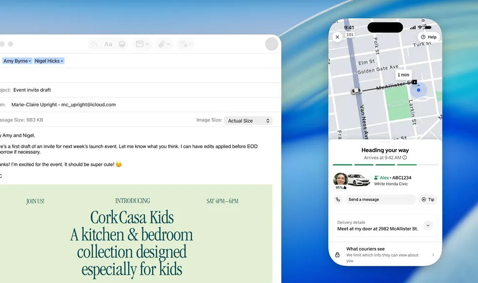 Екран MacBook, відкритий додаток Mail, екран iPhone, відображений на екрані MacBook, показує прибуття Uber Eats