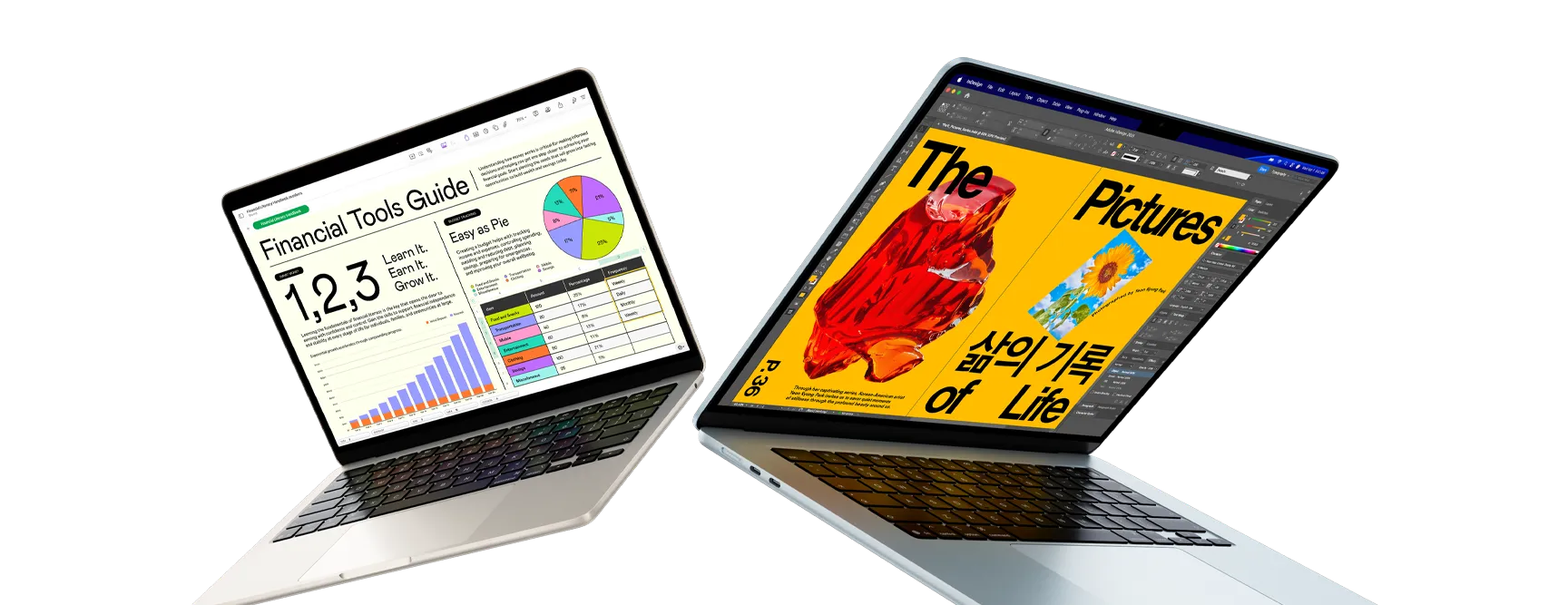 13- та 15-дюймові ноутбуки MacBook Air — на одному екрані показано роботу з Numbers, на іншому — роботу з дизайном