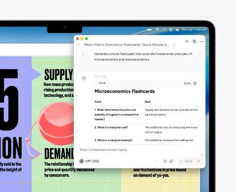 Екран MacBook Air, на якому показано, як Apple Intelligence Writing Tools створює картки з мікро- та макроекономіки