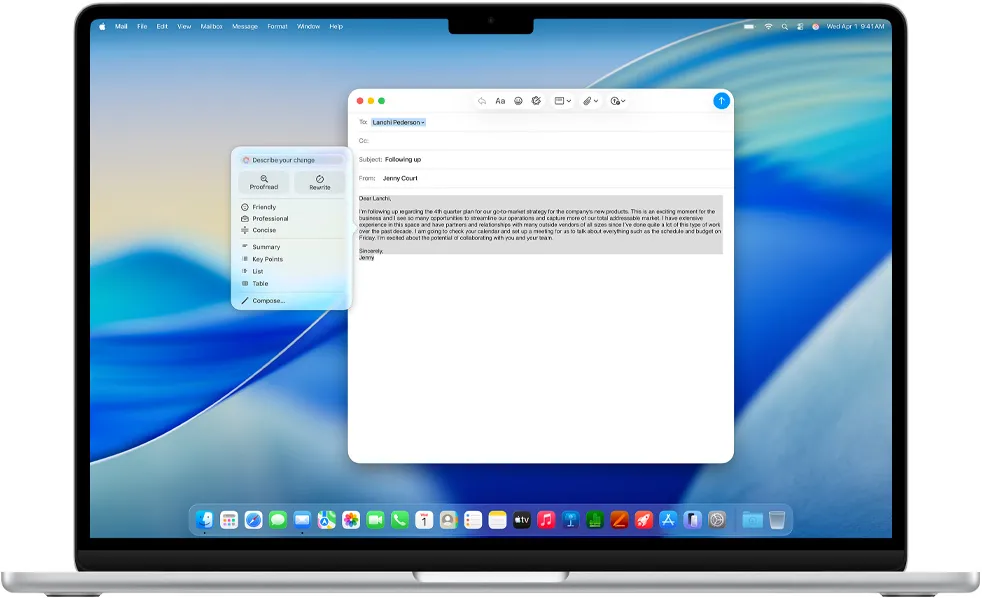 Екран MacBook Air, на якому показано, як Apple Intelligence Writing Tools складають електронний лист