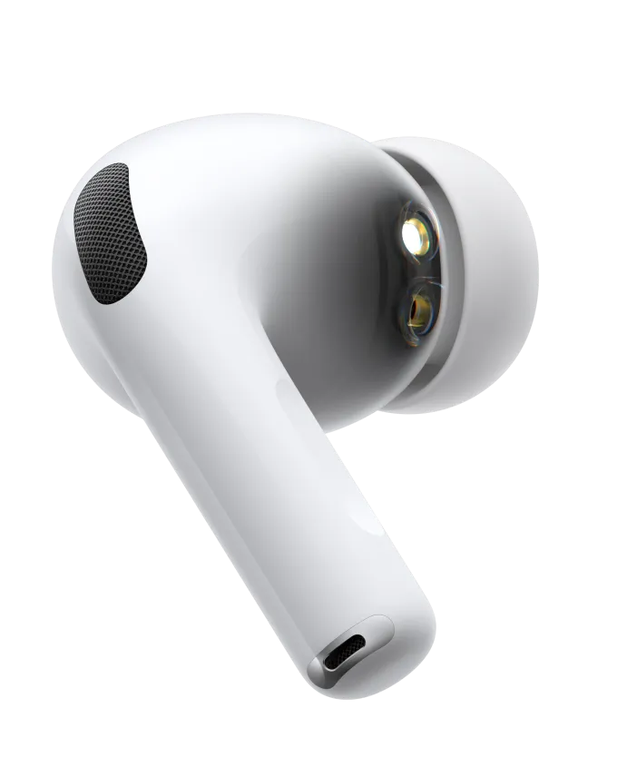 AirPods Pro 3, беспроводной наушник, белый цвет, вид сбоку, короткое трубчатое основание, микрофон с функцией поглощения шума, силиконовый вкладыш, пульсирующая волна