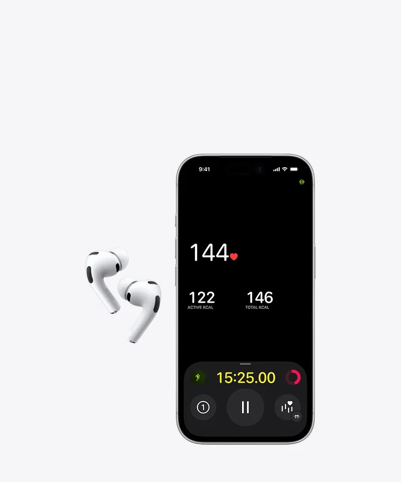 AirPods Pro 3, белый цвет, нижняя половина экрана iPhone 17 Pro, приложение «Фитнес», функция отслеживания сердечного ритма