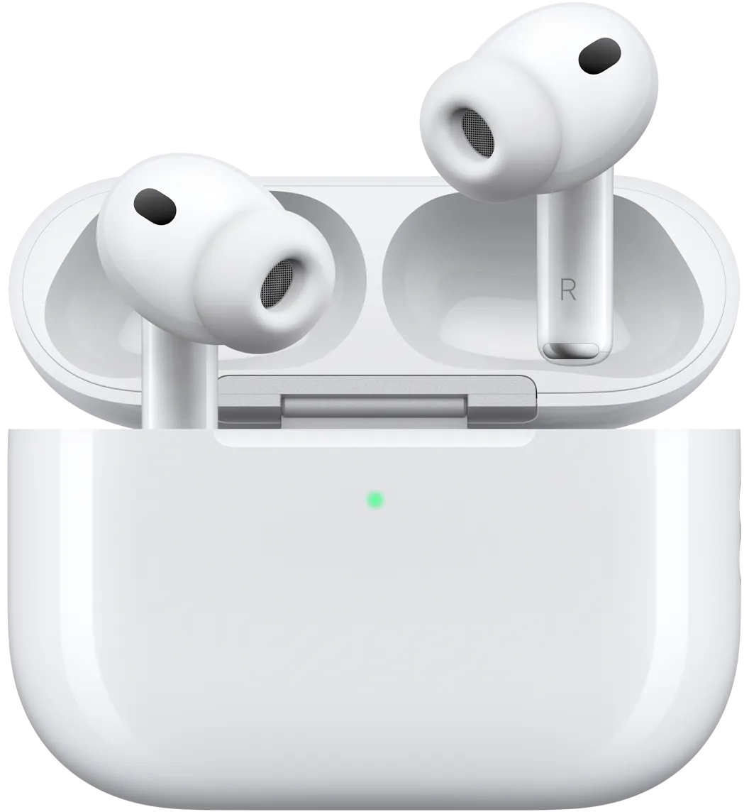AirPods Pro 3 и зарядный футляр MagSafe (USB‑C), закругленный корпус, светодиодный индикатор питания, крышка футляра открыта, белый цвет, беспроводные наушники с силиконовыми вкладышами, буквы L и R на внутренней стороне основания
