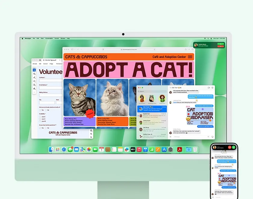 Зелений iMac та iPhone поруч. На екрані iMac відображається сповіщення про вхідний виклик з iPhone. Обидва пристрої відображають додаток «Повідомлення» з ідентичними текстовими розмовами