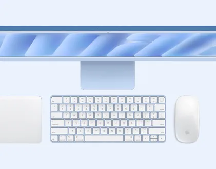 Вид зверху на iMac з Magic Trackpad, клавіатуру та мишу