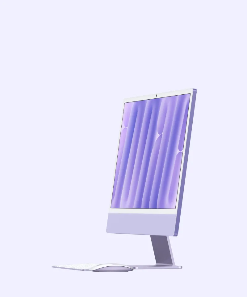 Фіолетовий iMac з клавіатурою і мишею