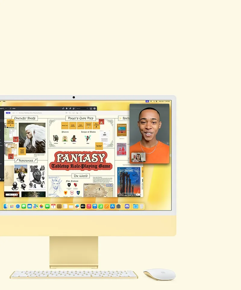 Жовтий iMac. На екрані одночасно відкрито додатки Freeform, Discord та FaceTime для проведення сесії фентезійної настільної рольової гри.