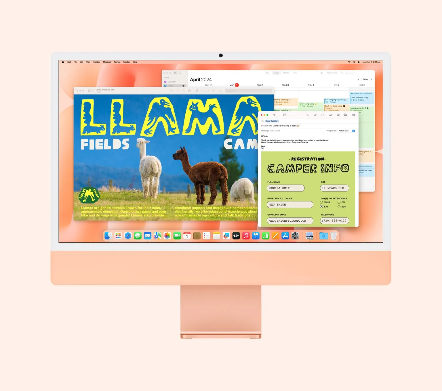 Помаранчевий iMac: на екрані відкриті додатки «Передогляд», «Пошта» та «Календар».