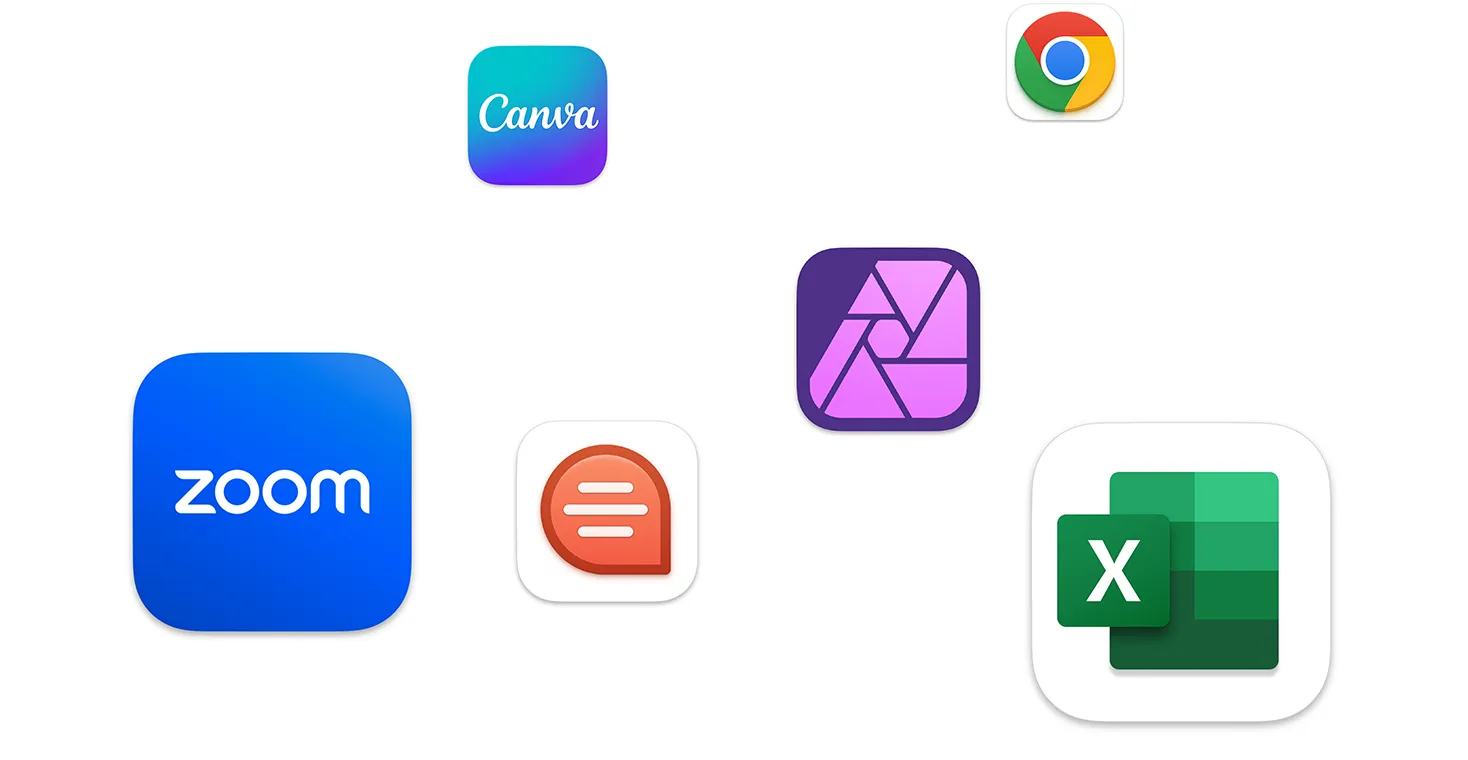 На екрані плавають значки різних додатків, як-от Zoom, Canva, Microsoft Excel і Adobe Photoshop