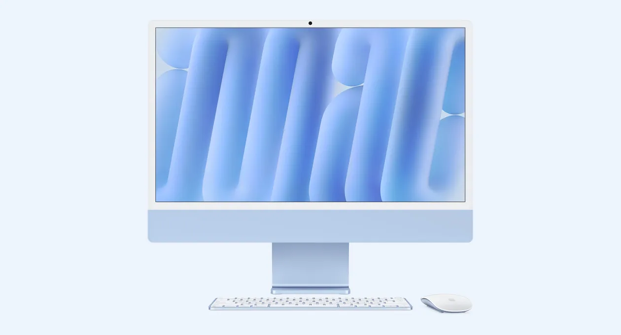 Синій iMac з мишею та клавіатурою в тон, вид спереду