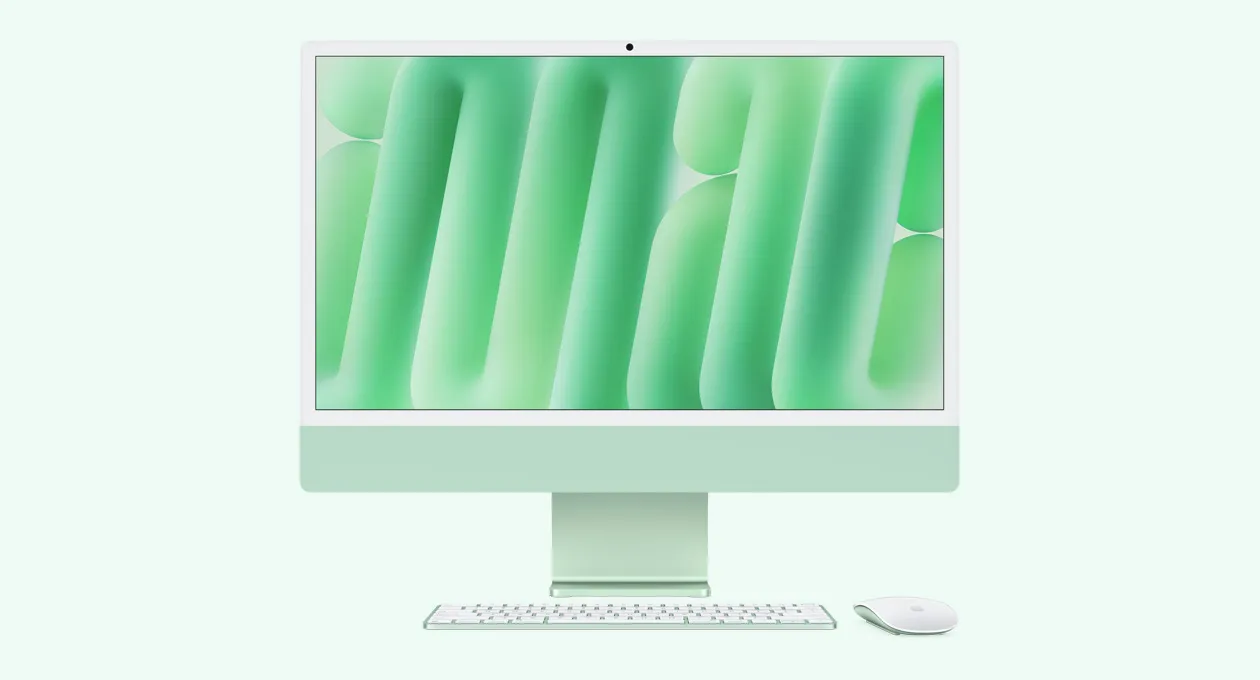 Зелений iMac з мишею та клавіатурою в тон, вид спереду