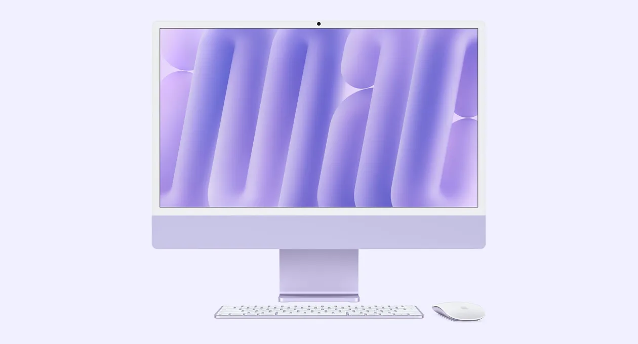 Фіолетовий iMac з мишею та клавіатурою в тон, вид спереду